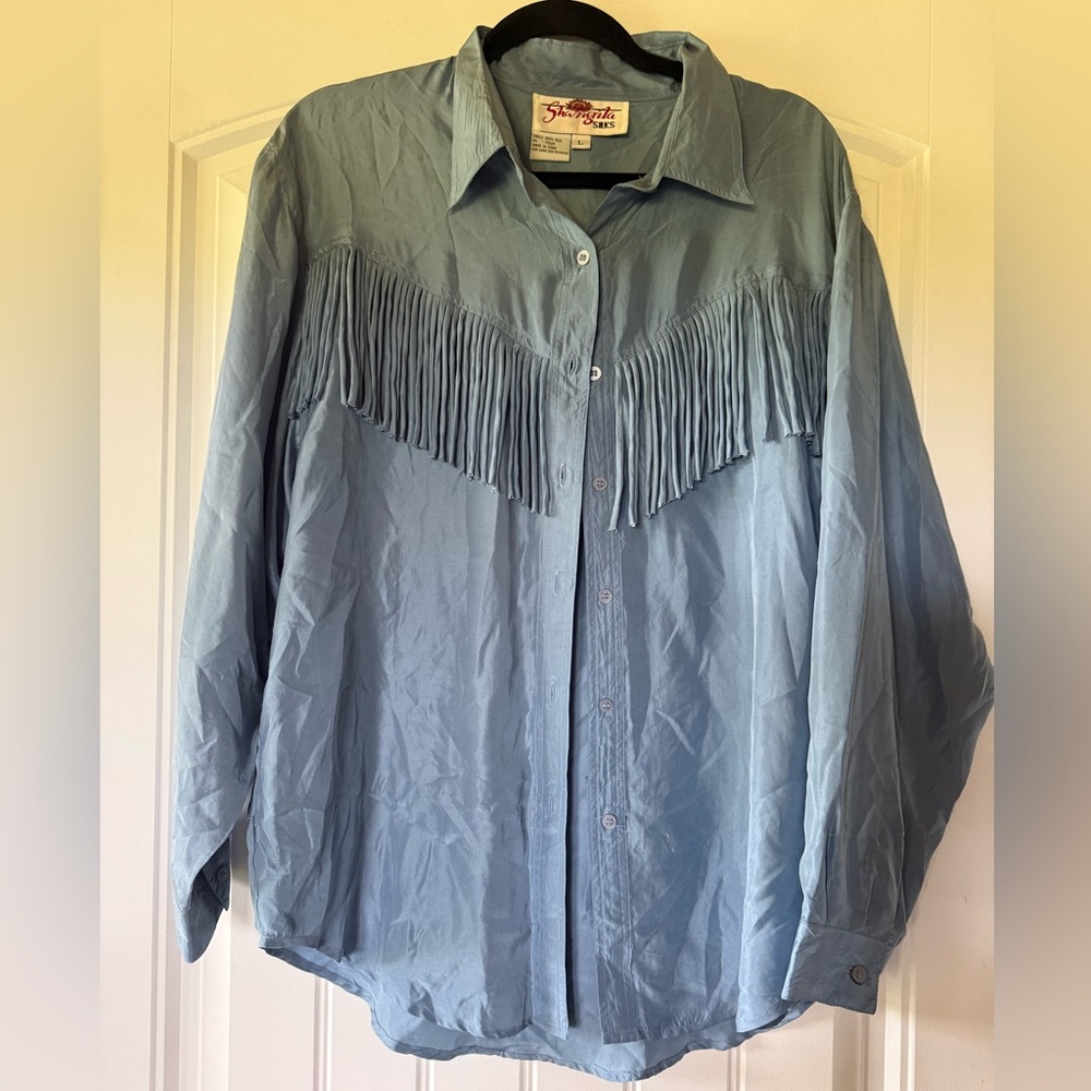 Blue Fringe Vintage Button-Up Silk Shirt